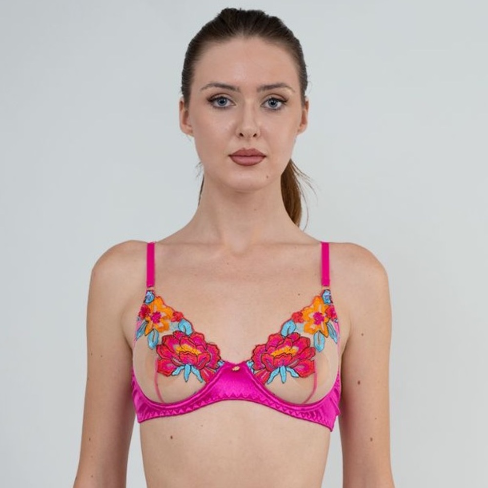 Hello LA Girl Mesh Embroidered Floral Bra in Pink, S